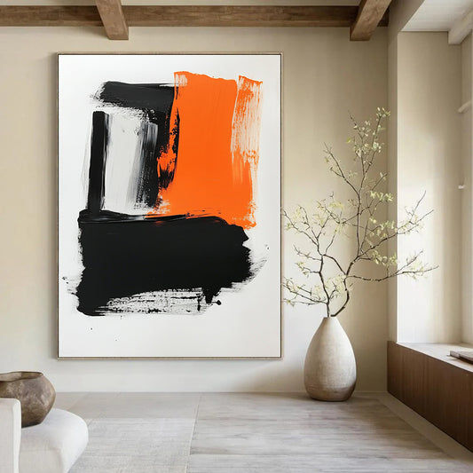 Contemporary hand-painted abstract artwork featuring a white background, vibrant orange and black hues, bold brush strokes, and striking negative space. DLZ0433
