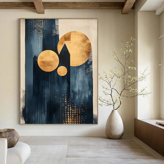 Contemporary abstract artwork featuring dots and lines with black ink light indigo tones and gold accents on canvas texture. DLZ0854
