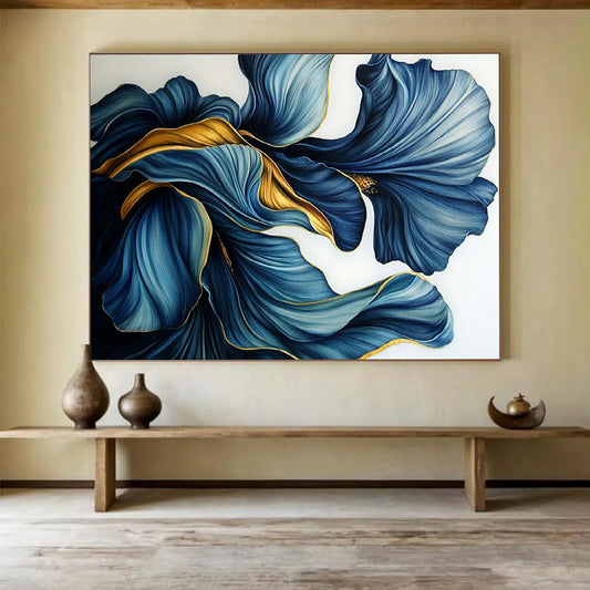 “Blue - Gold Petal Swirls” - Intricate blue petals with golden accents, Floral Realism Painting On Canvas HB0536