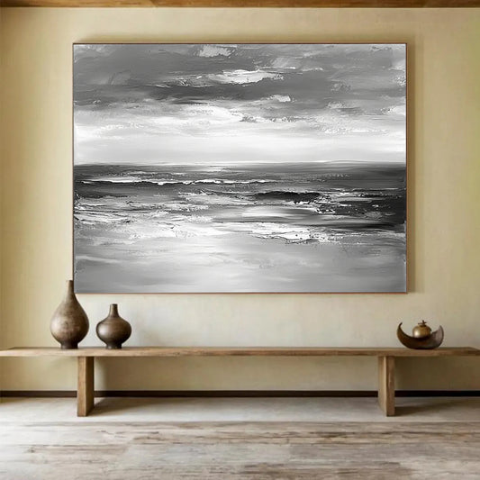 “Impasto Sea Waves in Gray” - Gray, White, Textured Sea Waves Painting On Canvas HB0801