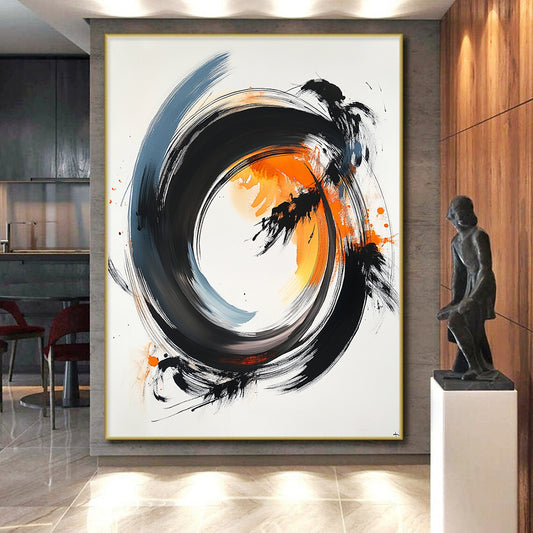 Black, Gray, Orange Swirling Rings - “Energetic Ring Dance” Painting On Canvas HB182