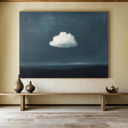 “Lone Cloud Over Sea” - Dark Blue, White, Minimalist Landscape Painting On Canvas HB0710