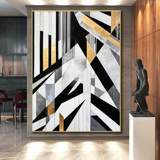 Black, White, Gray, Gold, Geometric Collage "Gilded Geometry Mosaic" Abstract Cubist - Inspired Painting On Canvas HB111