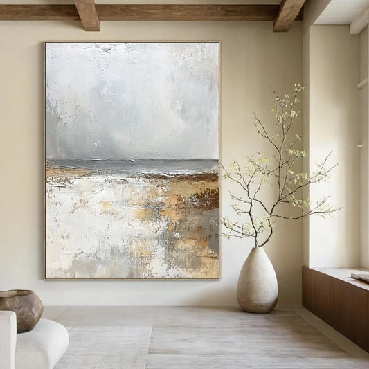 Contemporary abstract artwork featuring a serene misty beach in soft whites and greys exuding tranquility and harmony for elegant decor. DLZ0475