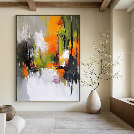 Contemporary hand-painted abstract art features an autumn forest in gray and white with vibrant orange yellow and green accents showcasing dynamic brush strokes. DLZ0947