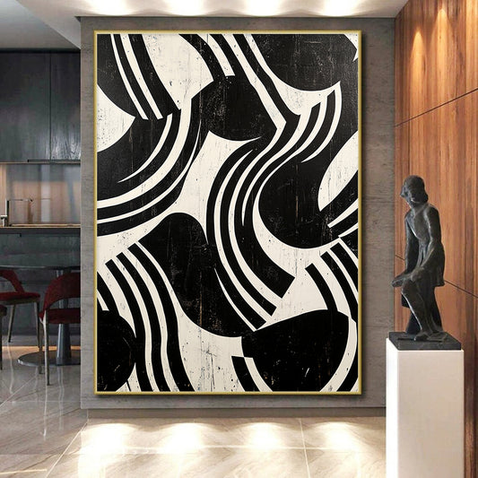 Black and White Curved Stripes "Dynamic Rhythm" Painting On Canvas HB271