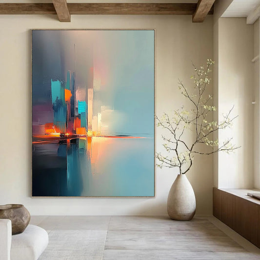 Contemporary hand-painted abstract artwork featuring a light teal and amber color scheme with soft tones and reflections designed for modern interiors. DLZ0372