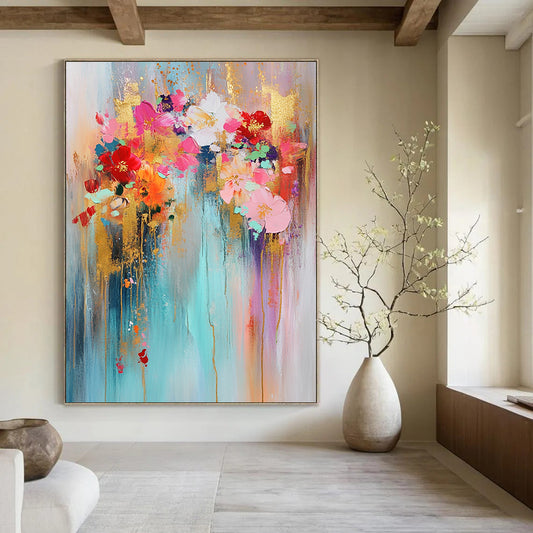 Contemporary abstract art featuring gold leaf bright colors light blue background pink and red flowers golden glitter delicate strokes and dreamy atmosphere. DLZ0742