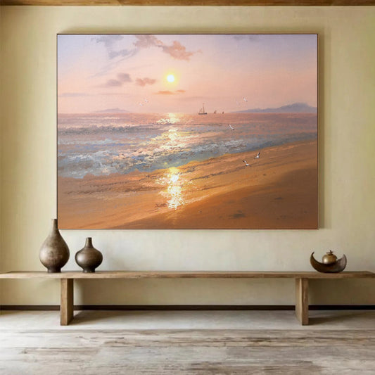 Sunset Beach with Sailboats & Seagulls - Idyllic Living Room or Bedroom Art DLZ269