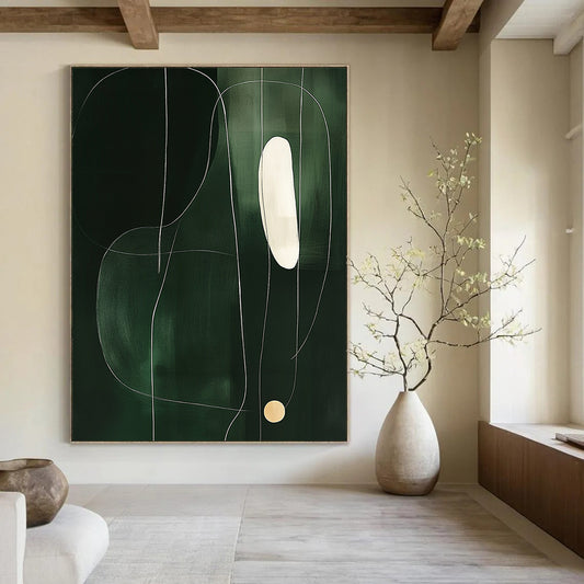 Contemporary abstract art featuring minimalist shapes on dark green, accented by a thin white line and a single light yellow circle. DLZ1606