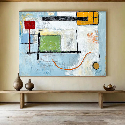 “Geometric Calm” - Blue, green, yellow, red, black; Clean geometric shapes on soft blue; Minimalist Abstract Oil Painting On Canvas HB1169