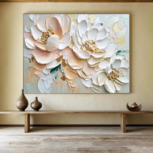Blush and White Flowers with Gold Accents - Textured Floral Luxury Painting On Canvas HB0429
