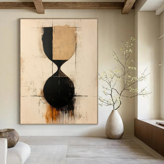 Contemporary abstract painting showcasing an hourglass in beige and black shapes with thin lines on a textured white background. DLZ1317