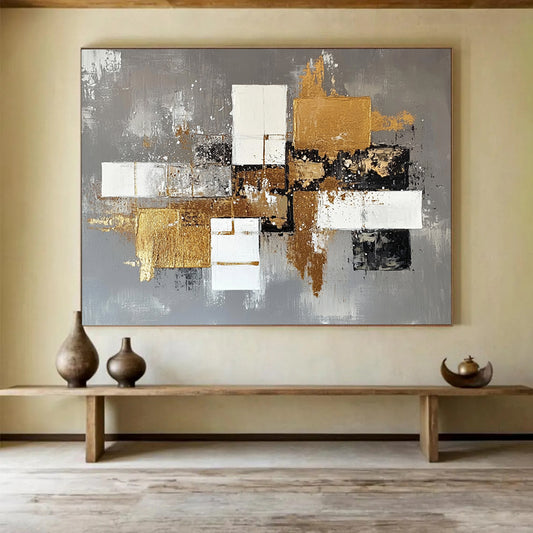 “Gilded Geometric Abstract” - Gray, White, Black, Gold - Textured Geometric Abstract with Gold - Acrylic Painting HB1323