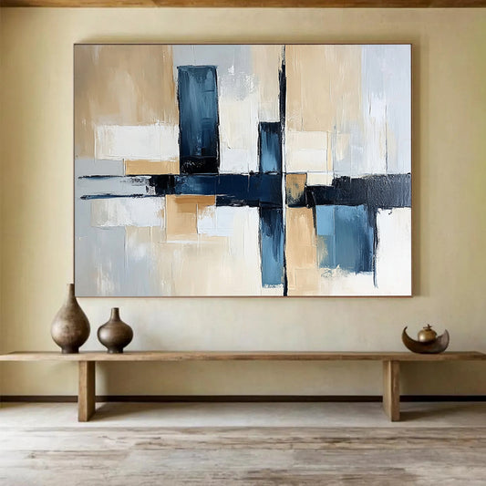 “Blue and Beige Geometric Abstract” - Blue, beige, gray, white; Geometric abstract with a cross design; Acrylic Painting On Canvas HB1262