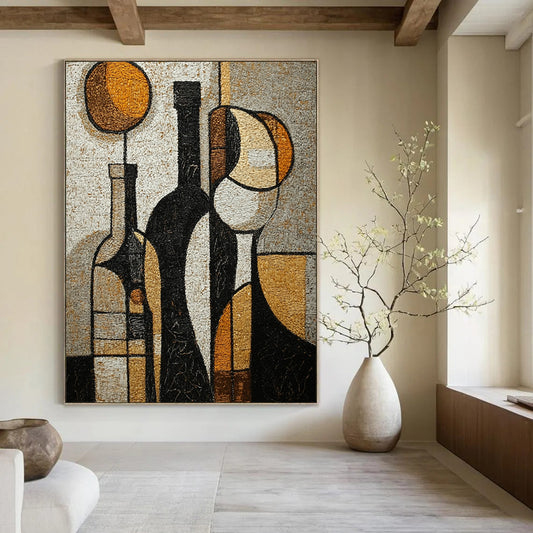 Contemporary hand-painted abstract artwork featuring textured wine bottles and glasses in rich tones of black brown white beige grey and gold. DLZ1427
