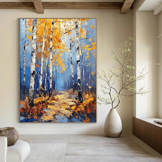 Contemporary abstract painting featuring a birch forest in autumn with vibrant blue and yellow tones and golden leaves in a modern impressionist style. DLZ1533