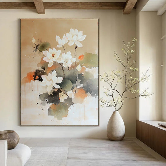 Contemporary hand-painted abstract artwork featuring a white lotus tree blooming on a soft brown background with delicate brushstrokes and ethereal watercolor techniques. DLZ1415