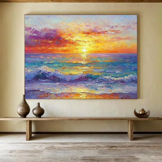 “Vibrant Sunset Over Ocean” - Oranges, Pinks, Purples, Blues, Ocean Sunset - Impasto Oil Painting HB1566
