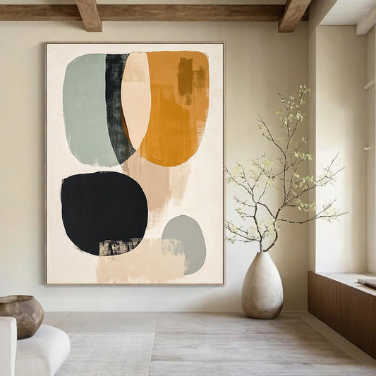 Contemporary hand-painted abstract art featuring muted colors black lines pale yellow circle sage green oval burnt sienna half-circles and gray circle on a white background. DLZ0799