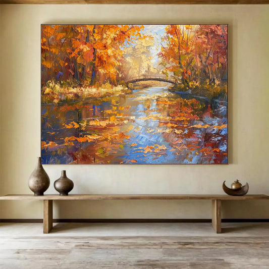 Autumn Forest River & Bridge - Cozy Living Room or Office Art DLZ196