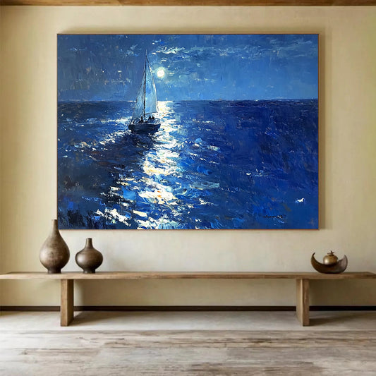 “Moonlit Sail on the Ocean” - Deep Blues, Silvers, Whites, Sailboat on Moonlit Sea - Luminist Oil Painting HB1695
