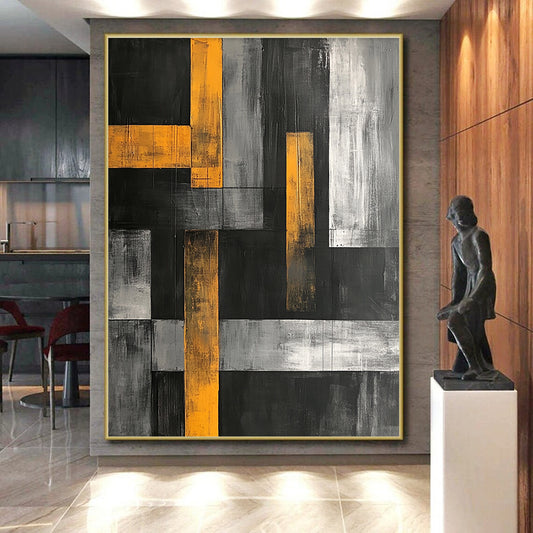 Black, Gray, White and Yellow Geometric Blocks "Urban Rhythm" Painting On Canvas HB351