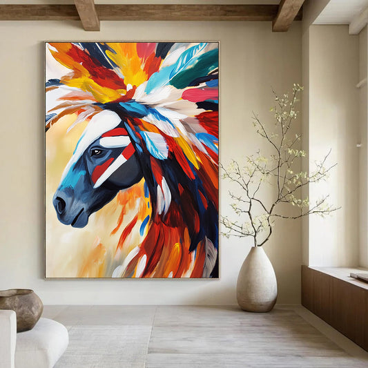 Vibrant contemporary hand-painted abstract artwork featuring an Indian-feathered horse adorned with colorful feathers showcasing traditional Native American artistic expression. DLZ1196