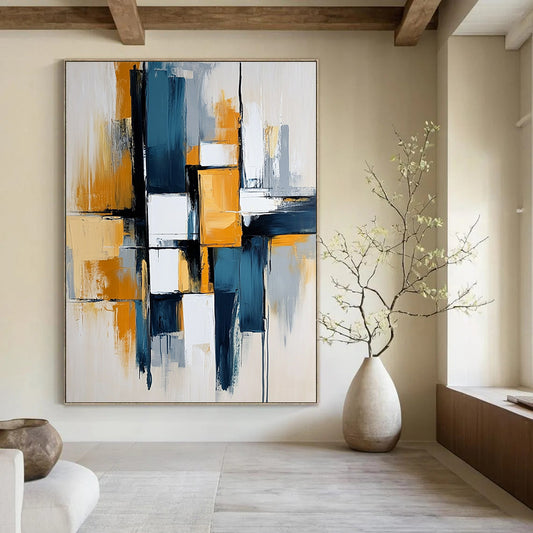 Contemporary hand-painted abstract art featuring dynamic lines and bold blocks in blue, white, gray, and mustard yellow colors for a striking visual impact. DLZ0496