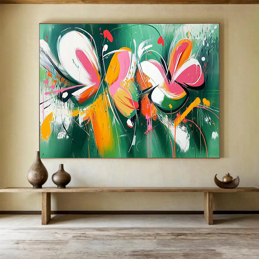 “Vibrant Floral Abstraction” - Green, Pink, Orange, Abstract Flowers Painting On Canvas HB0738