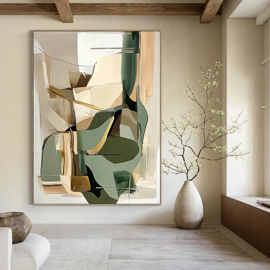 Contemporary hand-painted abstract artwork featuring beige and sage green shapes with gold accents perfect for modern interior design. DLZ0793