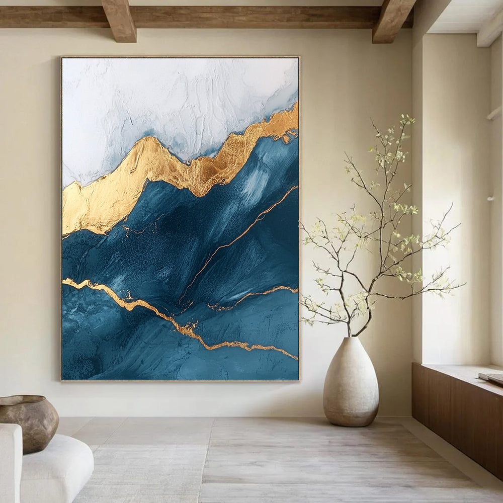 Contemporary abstract art featuring marble texture and rounded edges adorned with golden lines in a dark blue and white mountain peak theme. DLZ1591