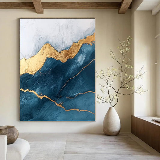 Contemporary abstract art featuring marble texture and rounded edges adorned with golden lines in a dark blue and white mountain peak theme. DLZ1591