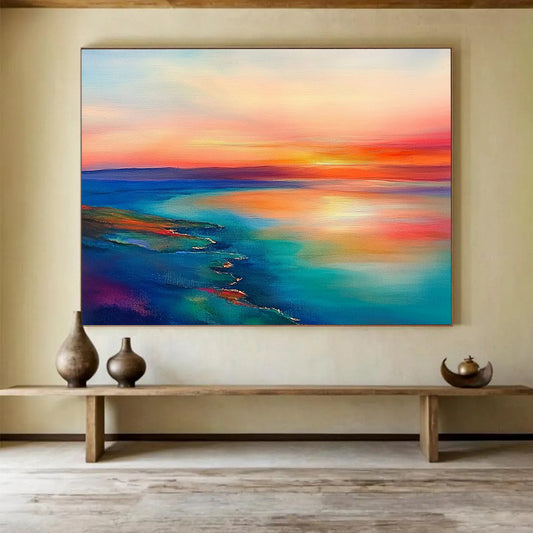 Abstract Coastal Sunset - Color - Field Landscape Oil Painting On Canvas HB0478
