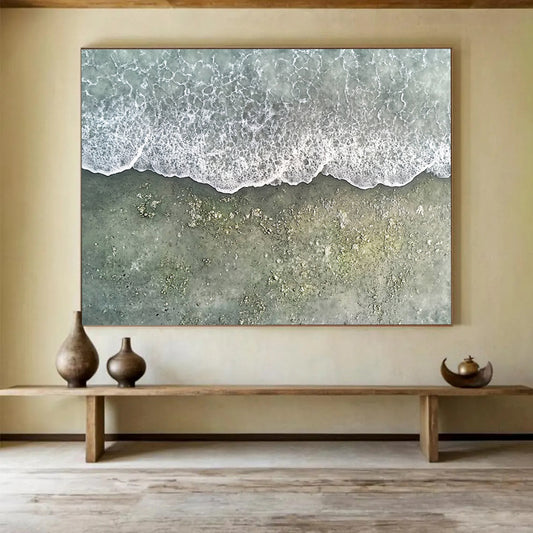 Aerial View of Foamy Waves on Sandy Beach - Realistic Coastal Painting On Canvas HB0487