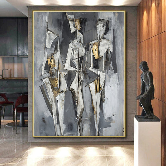 Gray, White, Black and Gold Cubist Figures "Ethereal Forms" Painting On Canvas HB375