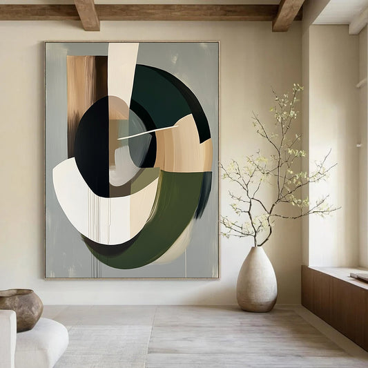 Contemporary abstract artwork features organic dark brown shapes with a grey background and soft neutral accents for a serene atmosphere. DLZ1051