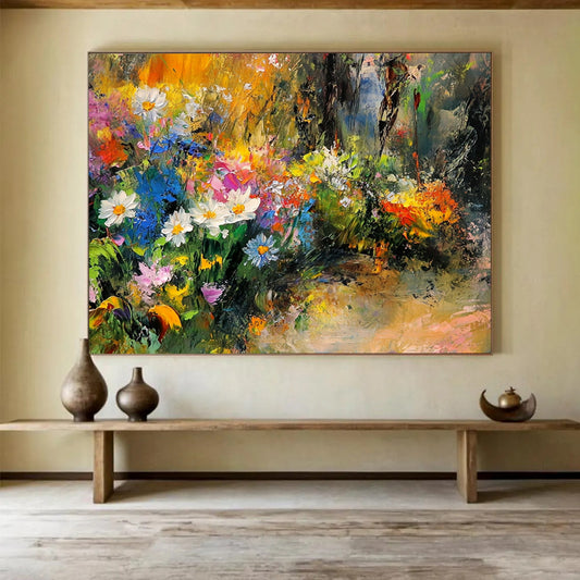 “Colorful Wildflower Garden” - Yellows, Whites, Blues, Pinks, Flower Field - Impressionist Oil Painting HB1567