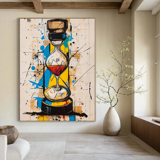 Contemporary abstract art with vibrant colors geometric shapes features an hourglass and a whisky bottle harmoniously integrated in the striking composition. DLZ1090