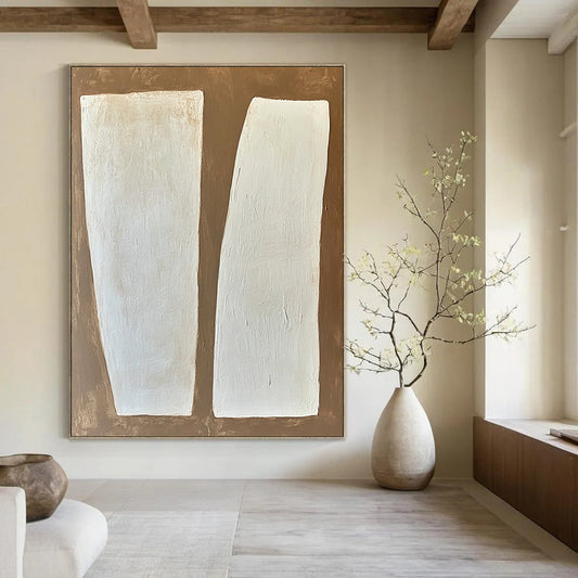 Large contemporary hand-painted abstract art featuring white rectangular forms on a textured brown and white background with soft edges and a minimalist style. DLZ1750