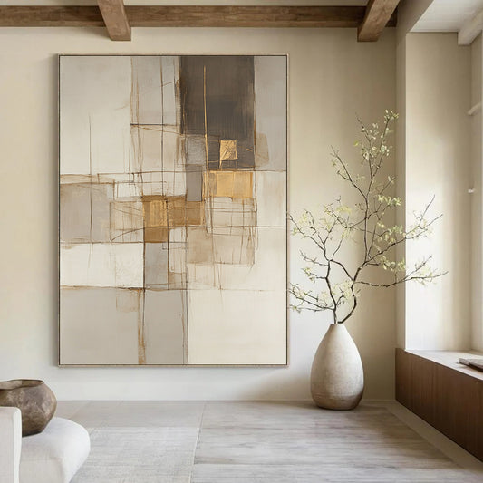 Large contemporary hand-painted abstract artwork featuring neutral tones with lines and squares accented in gold, beige, gray, and white. DLZ0923