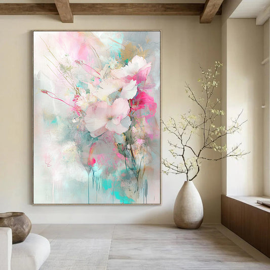 Vibrant contemporary hand-painted abstract art featuring flowers and plants in light pink and turquoise with delicate brushstrokes and soft lighting. DLZ0981