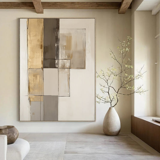 Contemporary hand-painted abstract art featuring textured brown and gold accents with smooth shades of gray on an off-white background. DLZ1070