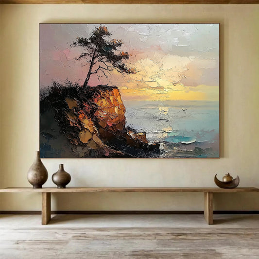 “Cliffside Tree at Sunset” - Textured Oranges, Pinks, Browns, Tree on Cliff by Sea - Impasto Oil Painting HB1693