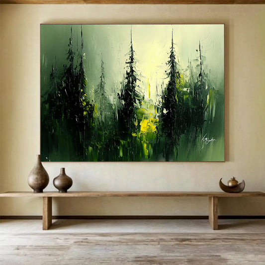 “Mystic Forest Glow” - Green, Yellow, Black, Abstract Trees - Oil Painting HB1485