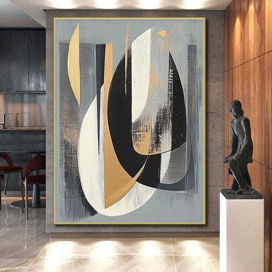 Gray, Black, White and Gold Abstract Shapes "Mystic Fusion" Painting On Canvas HB353