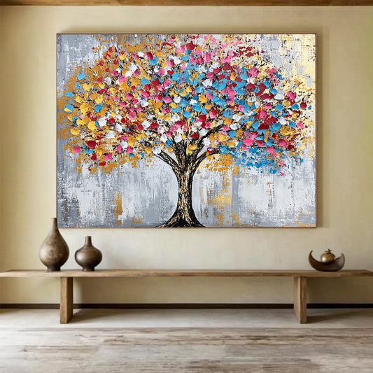 “Colorful Dot Tree” - Gray background, multicolor dots, golden accents, Abstract Tree Painting On Canvas HB0590