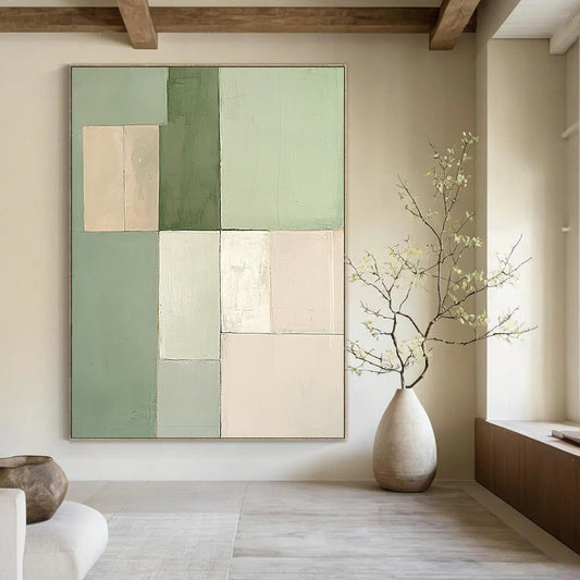 Contemporary hand-painted abstract artwork features a minimalist design with soft pastel green and beige squares in varying sizes. DLZ1334