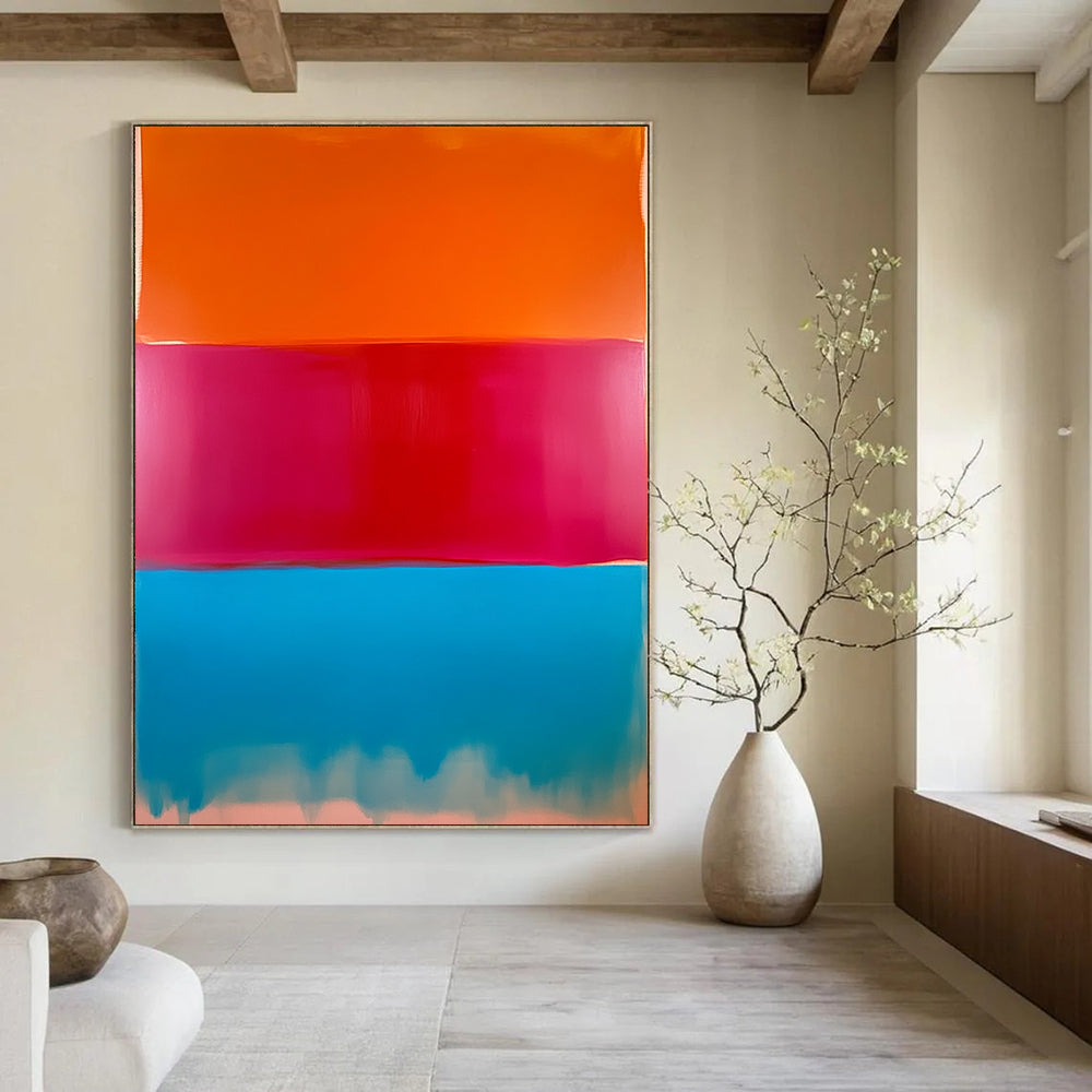 Contemporary hand-painted abstract artwork featuring a large field of color with red, peach, and bright blue vertical sections blending beautifully. DLZ1287