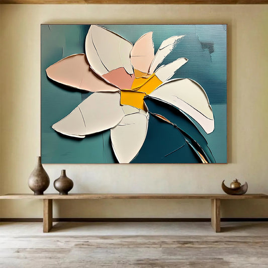 “Abstract Petal Layers” - Pink, White, Yellow, Teal, 3D - like Floral Collage Painting On Canvas HB1104